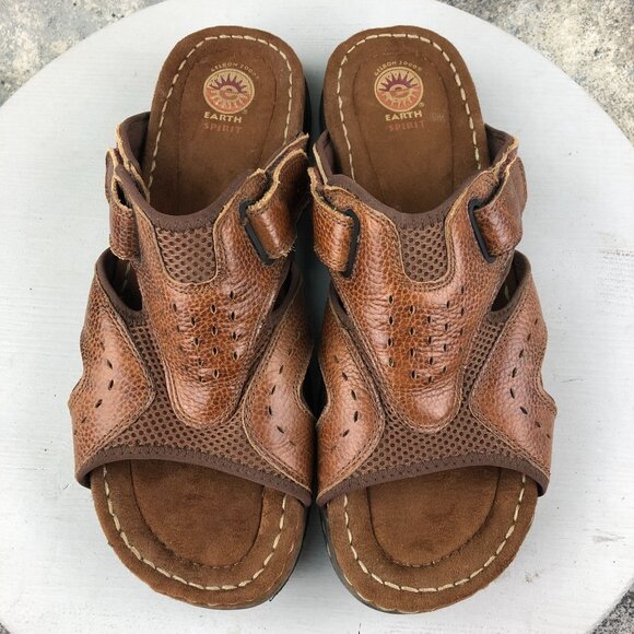 Earth Spirit Men's Size 13 Gelron 2000 Brown Leather Hook & Loop Casual Slides - Picture 3 of 15